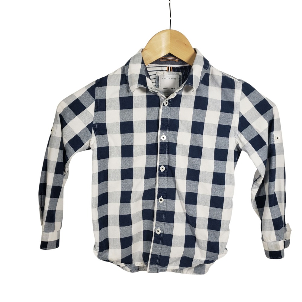 Cactus Boys Plaid Button Down Shirt Kids‎ Size 5/6 Blue White Long Sleeve